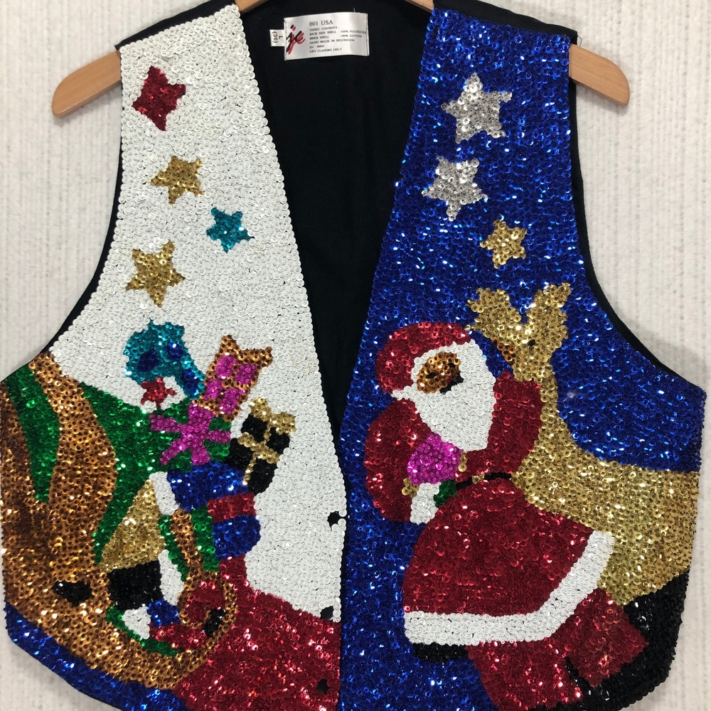 001 USA Sequined‎ Santa Reindeer Christmas Vest Women's Large L
